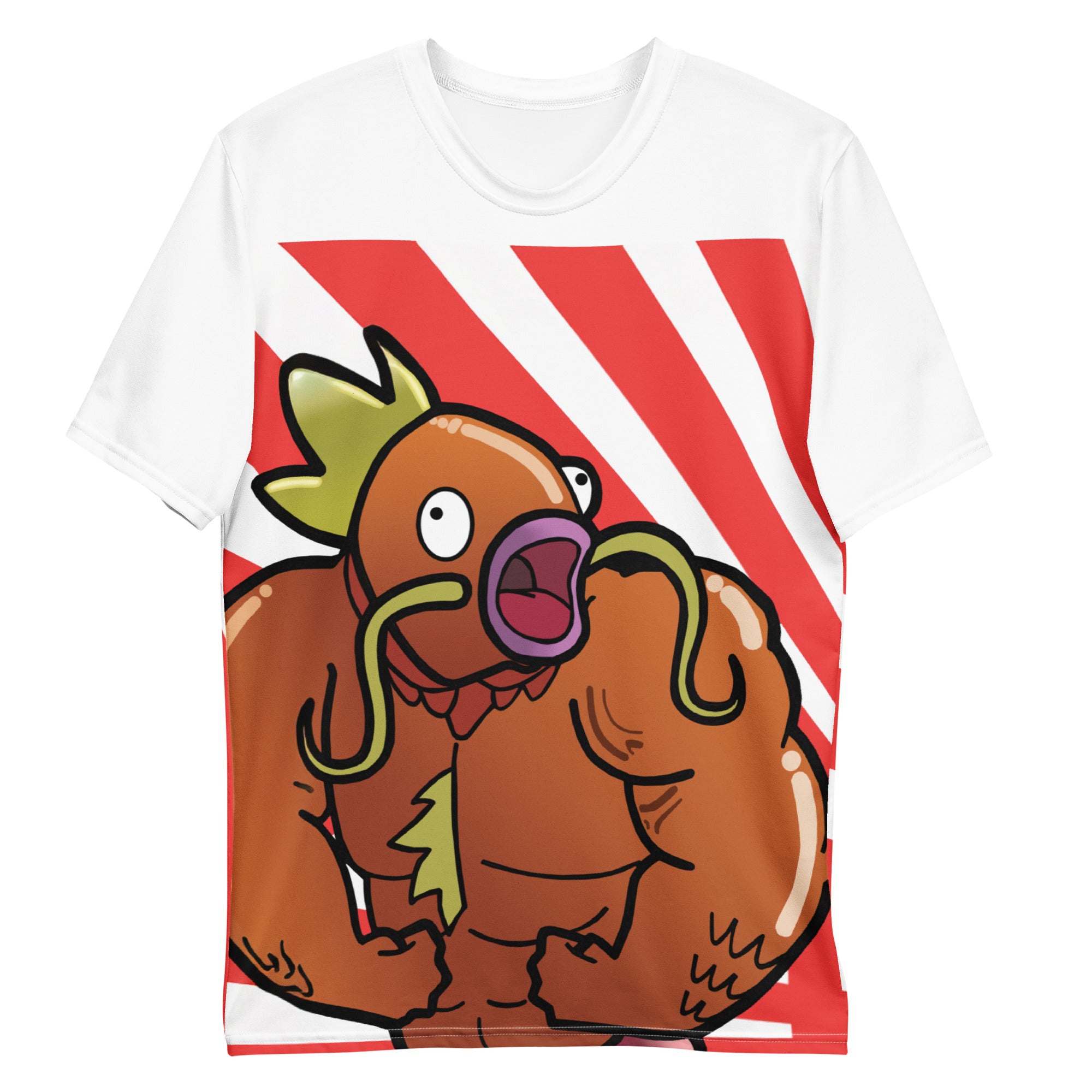 Men's crew neck t-shirt with cartoon muscular fish design and red sunburst background