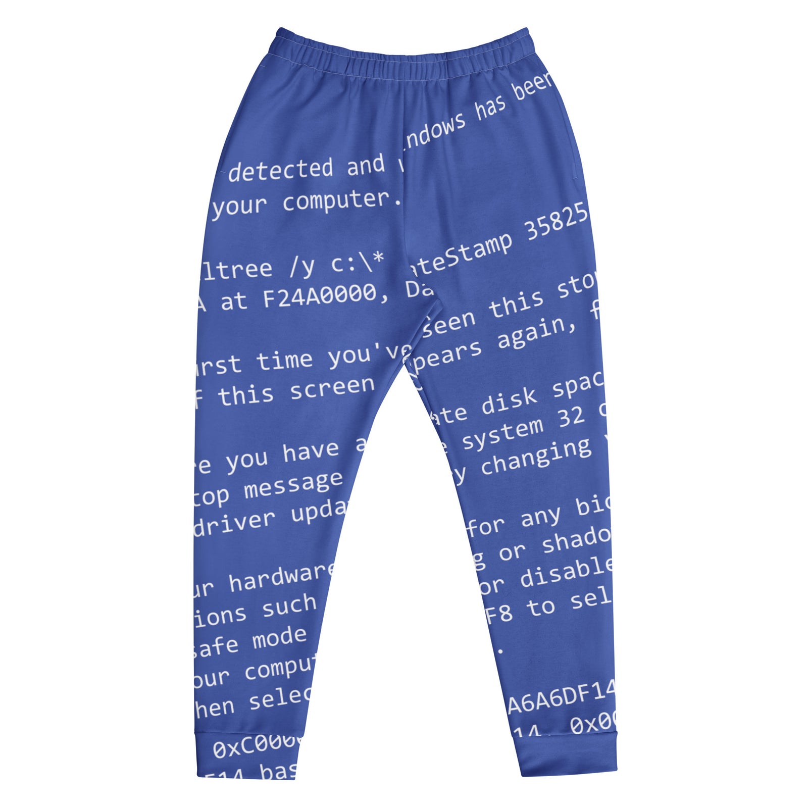 Men's joggers with blue screen of death error text print on white background