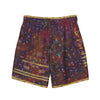 Colorful all-over print recycled swim trunks with gold accents and abstract pattern, back view