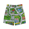 recycled swim trunks with colorful city map print featuring roads, buildings, and vehicles