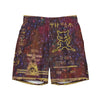 Colorful swim trunks with ancient glyphs and a gold cat design on a marbled background