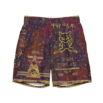 Colorful swim trunks with ancient glyphs and a gold cat design on a marbled background