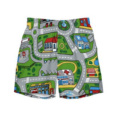 Recycled swim trunks with white base, featuring colorful cartoon city map print