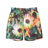 Colorful floral print swim trunks with large daisy flowers and green leaves on white fabric
