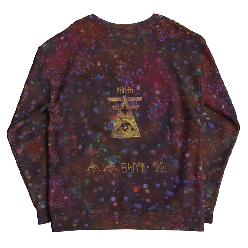 Colorful unisex sweatshirt with ancient glyph design and yellow cartoon cat graphic