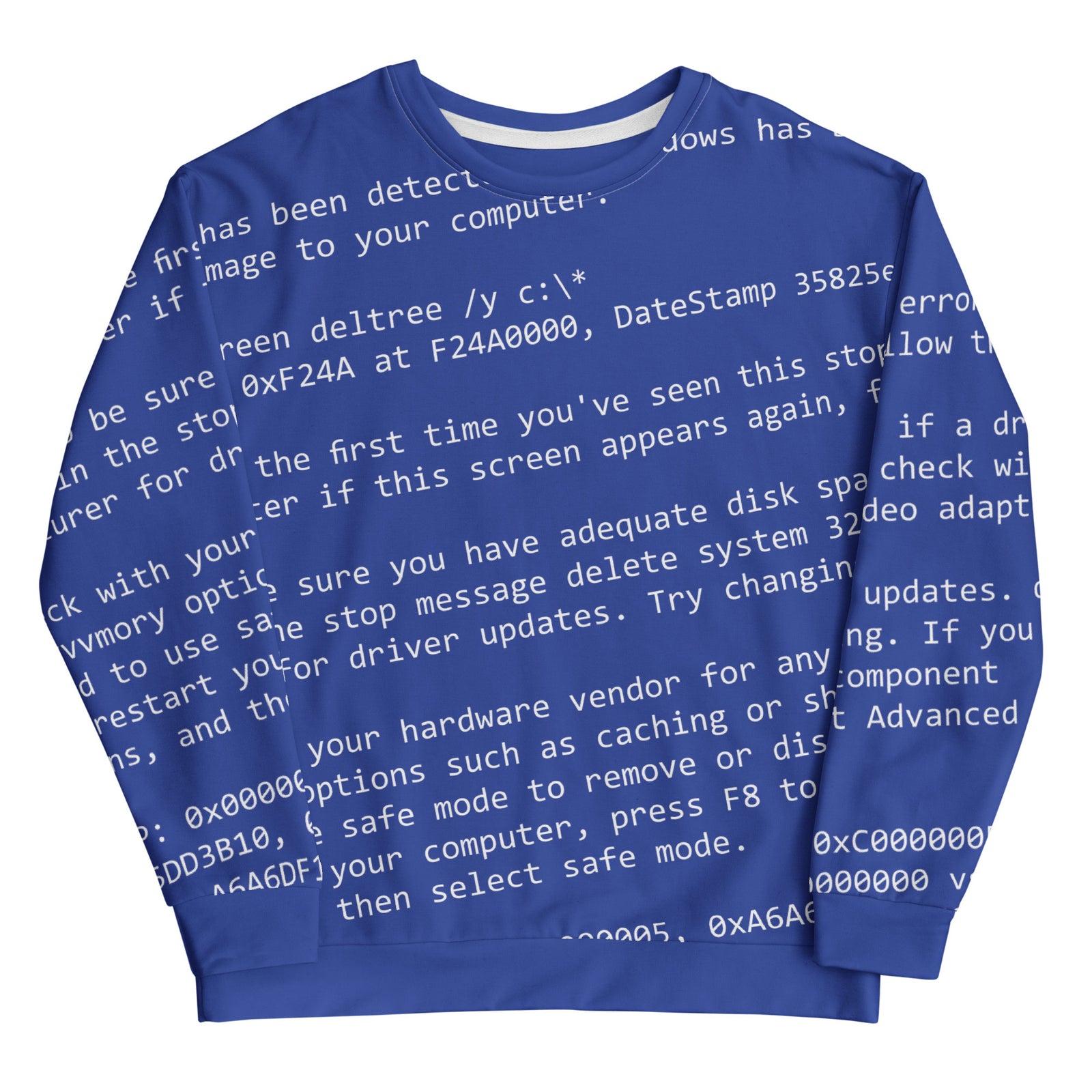 Blue unisex sweatshirt with white text print resembling a computer error screen