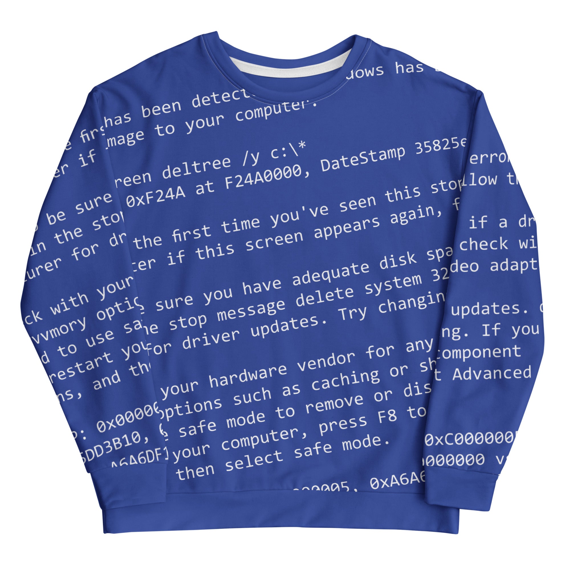 Blue unisex sweatshirt with white text print resembling a computer error screen