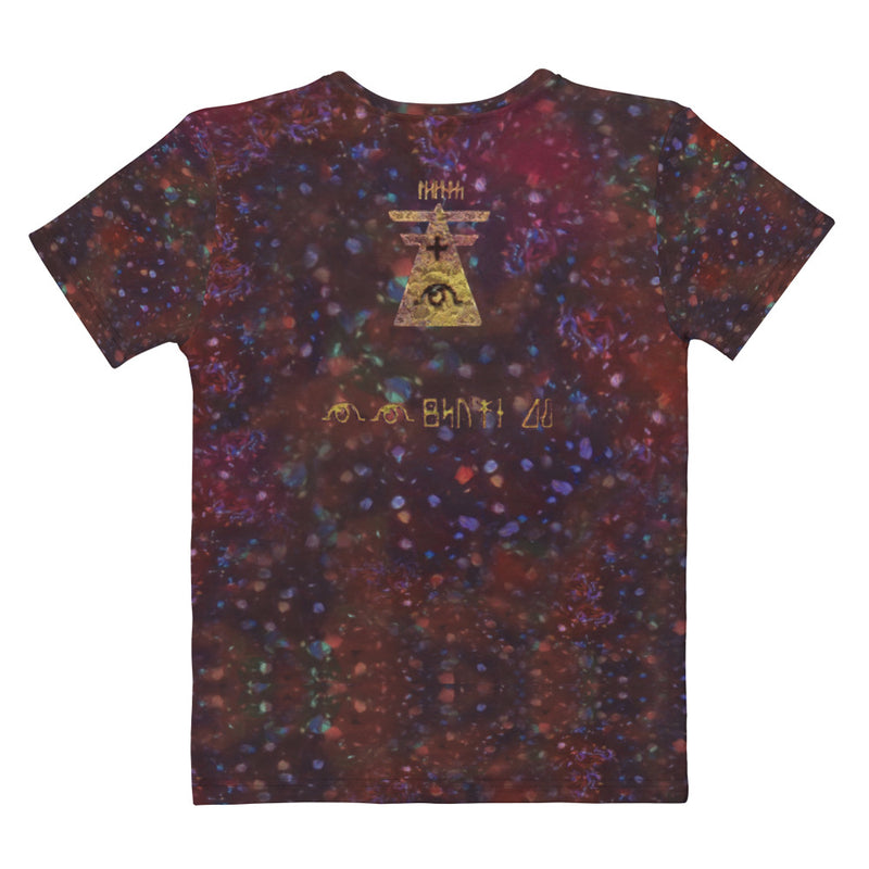 Women's crew neck t-shirt with colorful galaxy print and gold ancient-style cat graphic