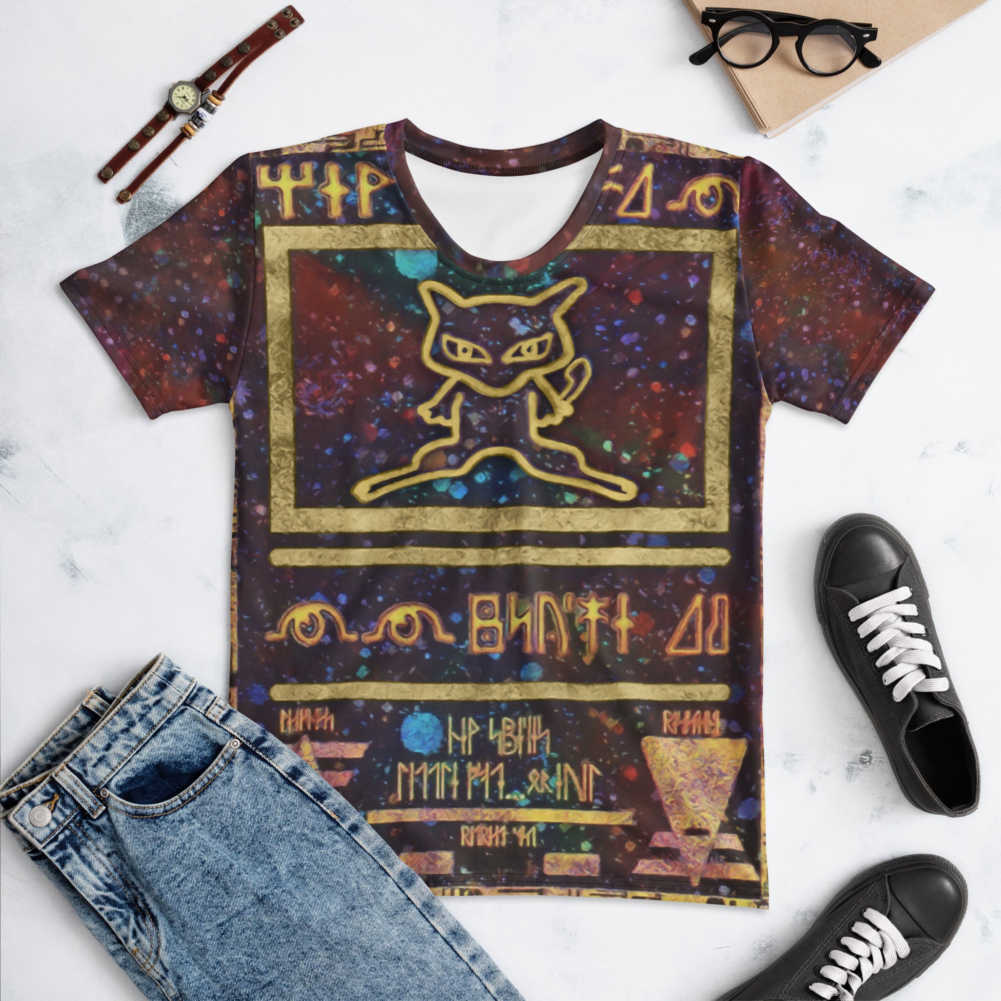 Women's crew neck t-shirt with colorful galaxy print and gold ancient-style cat graphic