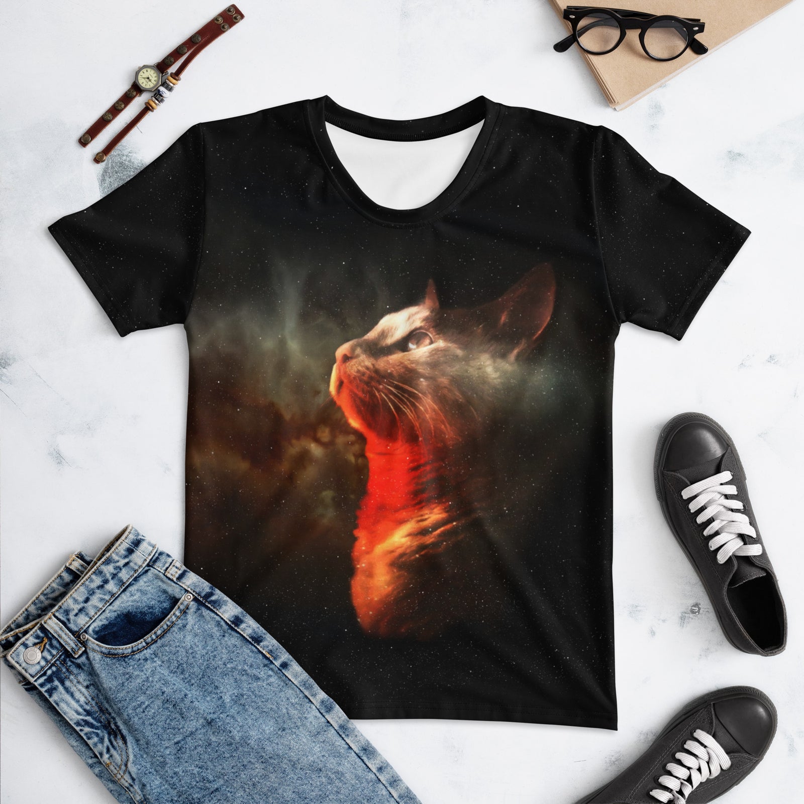 Gazing Space Cat Women's T-Shirt - Shirtwascash