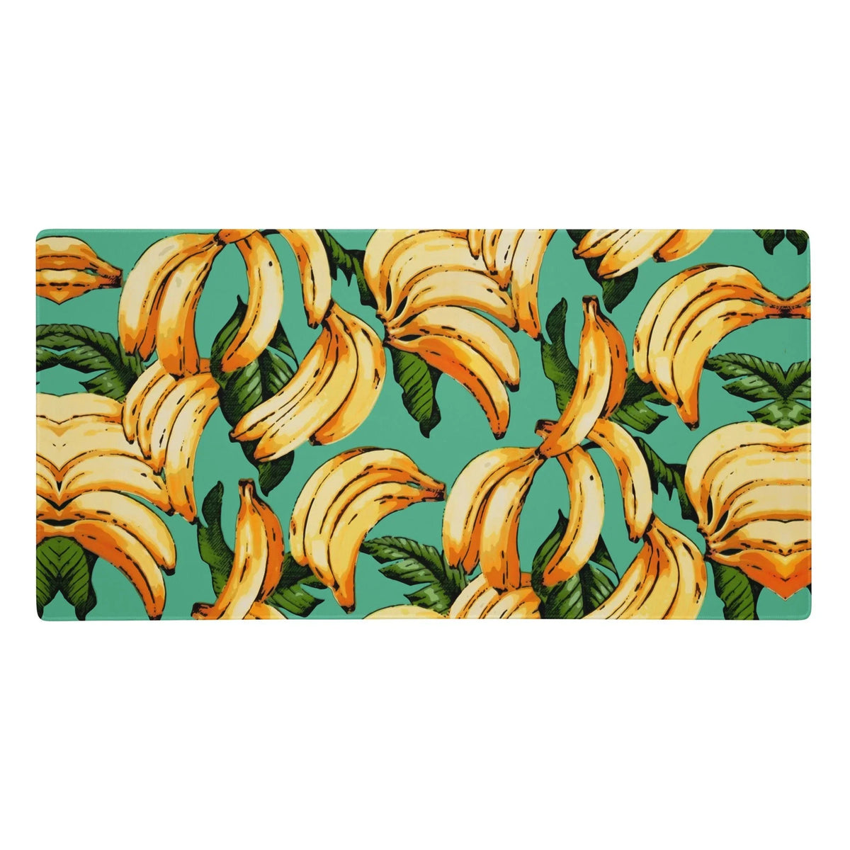 Set against a solid tropical seafoam green backdrop, dynamic clusters of ripe banana yellow fruit take center stage with sun-kissed orange highlights and bold black outlines. Contact us with accessibility feedback, we'd love to help!