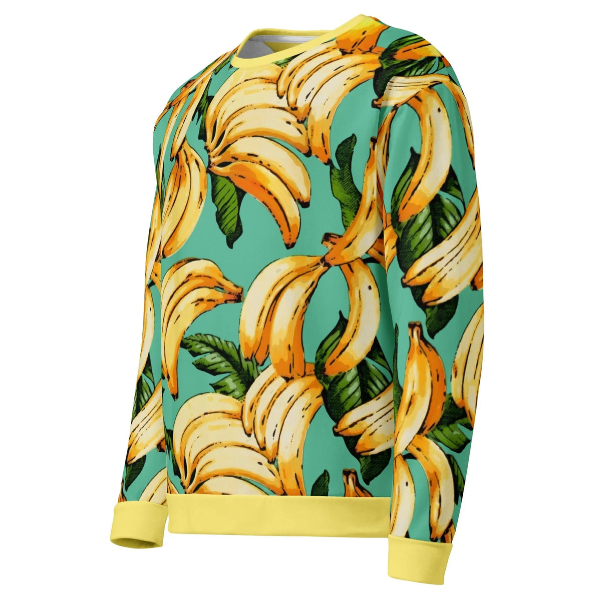 Banana Pattern Sweatshirt in Tropical Teal & Sun-Ripened Yellow. OEKO-TEX® 100, REACH Compliant, GRS Certified.