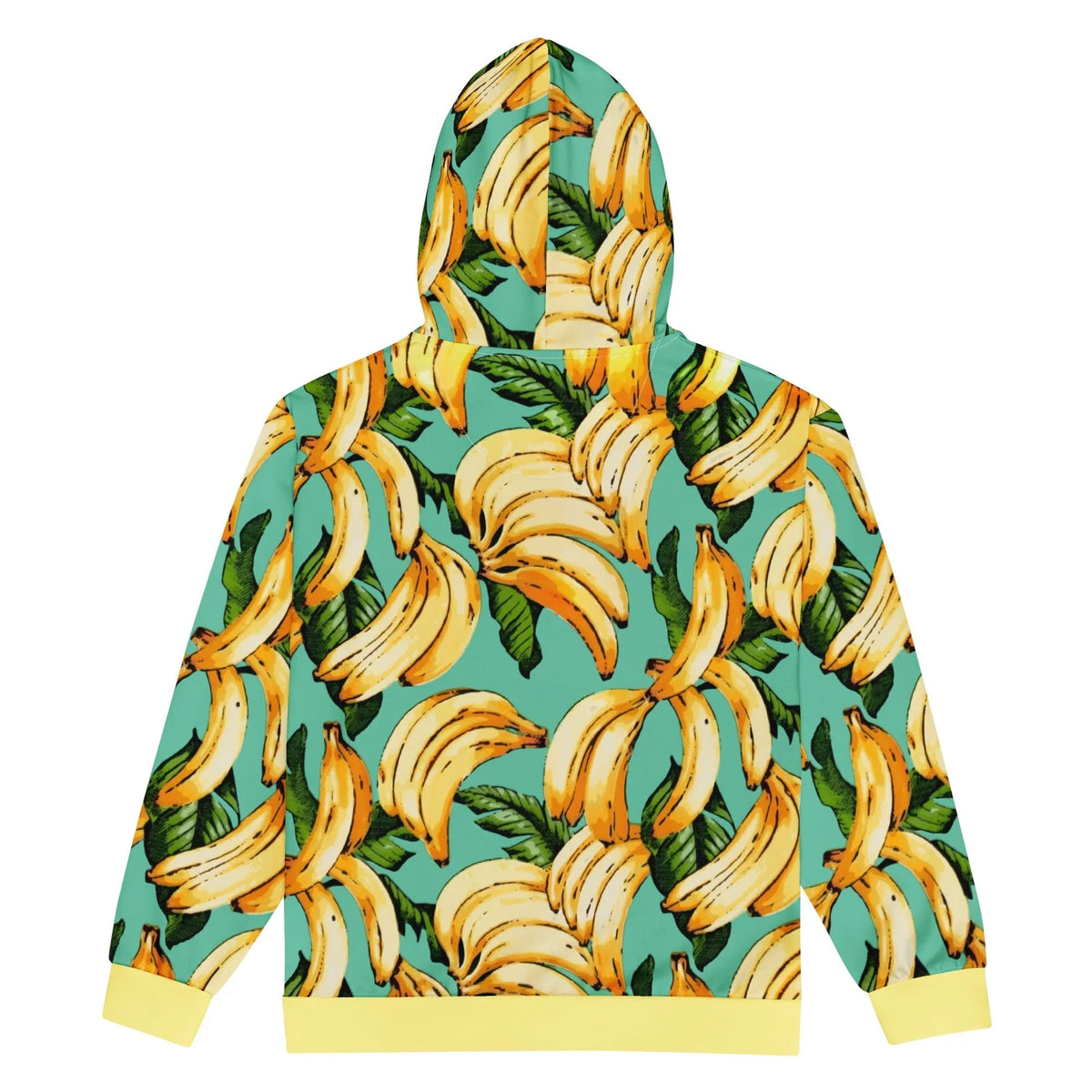 Banana Pattern Zip Hoodie - The high-saturation contrast between the Golden Yellow (#FFD700) banana clusters and the vibrant Seafoam Teal (#69C9C2) backdrop