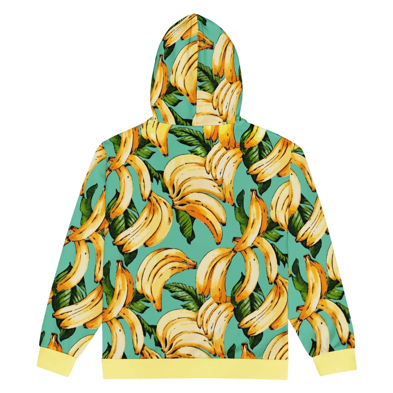 Banana Pattern Zip Hoodie - The high-saturation contrast between the Golden Yellow (#FFD700) banana clusters and the vibrant Seafoam Teal (#69C9C2) backdrop