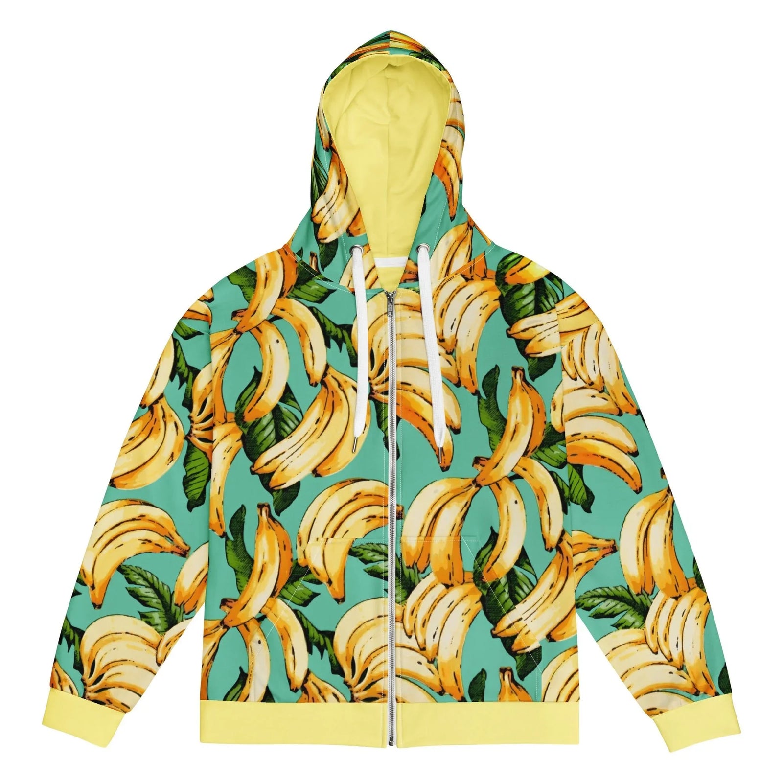 A vivid seafoam teal background creates a high-contrast canvas for this dense, pop-art style tropical illustration. Contact us with accessibility feedback, we'd love to help!
