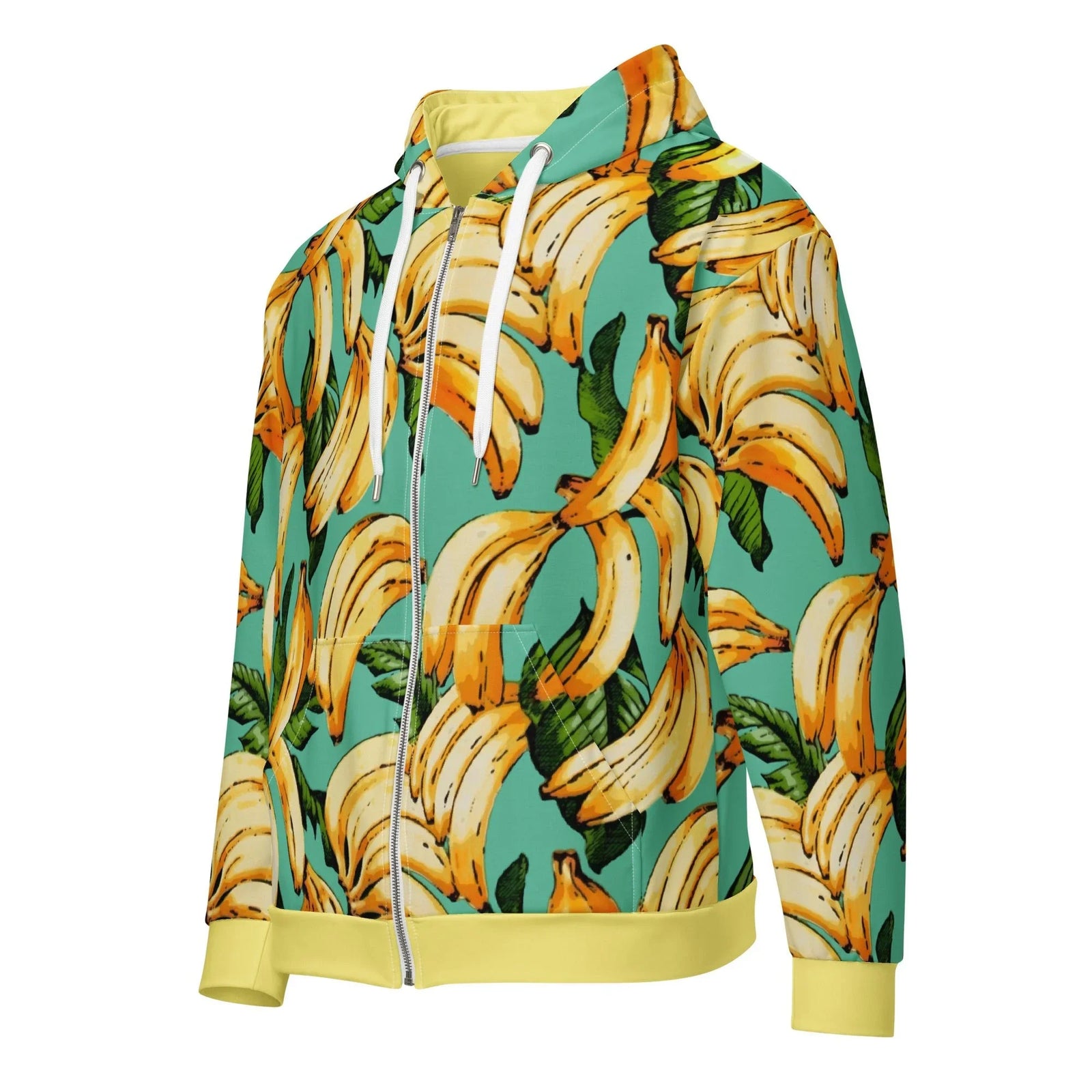 Banana Pattern Zip Hoodie in Banana Bay Teal. OEKO-TEX® 100, REACH Compliant, GRS Certified.