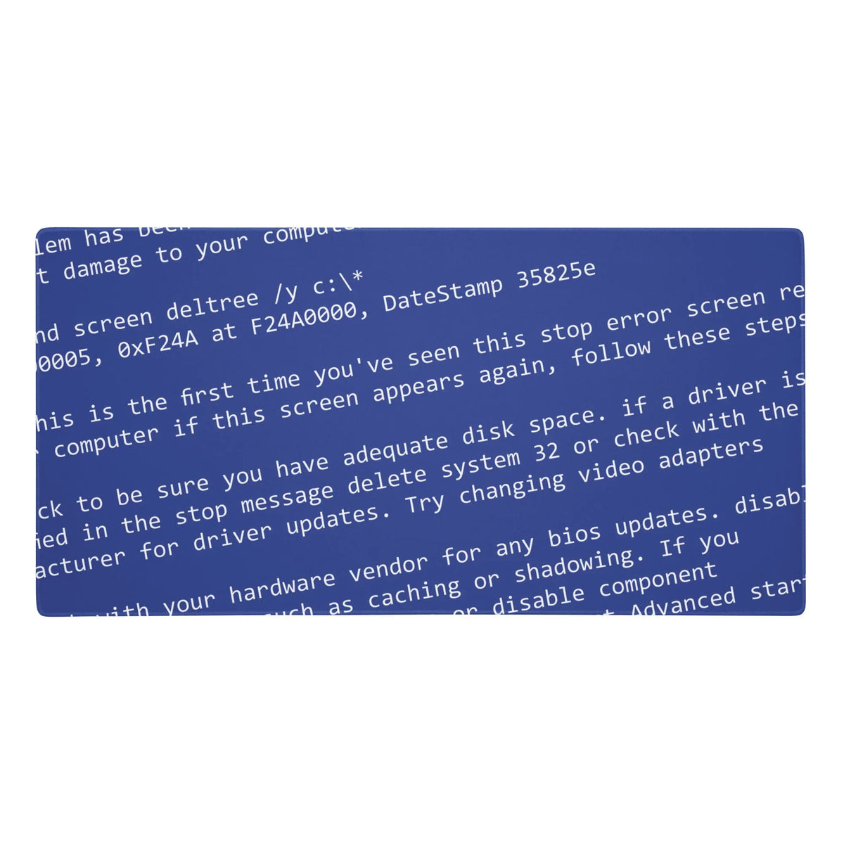 A nostalgic blue screen of death sprawls across this desk mat, featuring cascading white error messages in retro monospaced font tilted at a panic-inducing diagonal. Contact us with accessibility feedback, we'd love to help!
