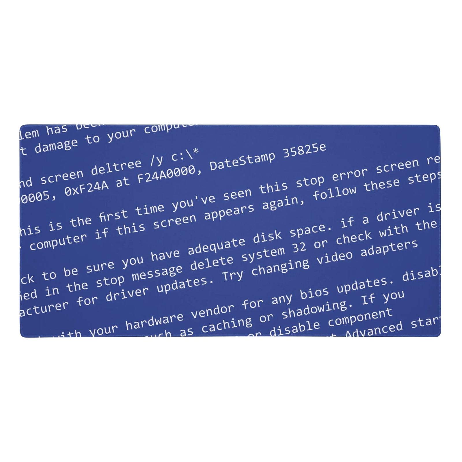 A nostalgic blue screen of death sprawls across this desk mat, featuring cascading white error messages in retro monospaced font tilted at a panic-inducing diagonal. Contact us with accessibility feedback, we'd love to help!