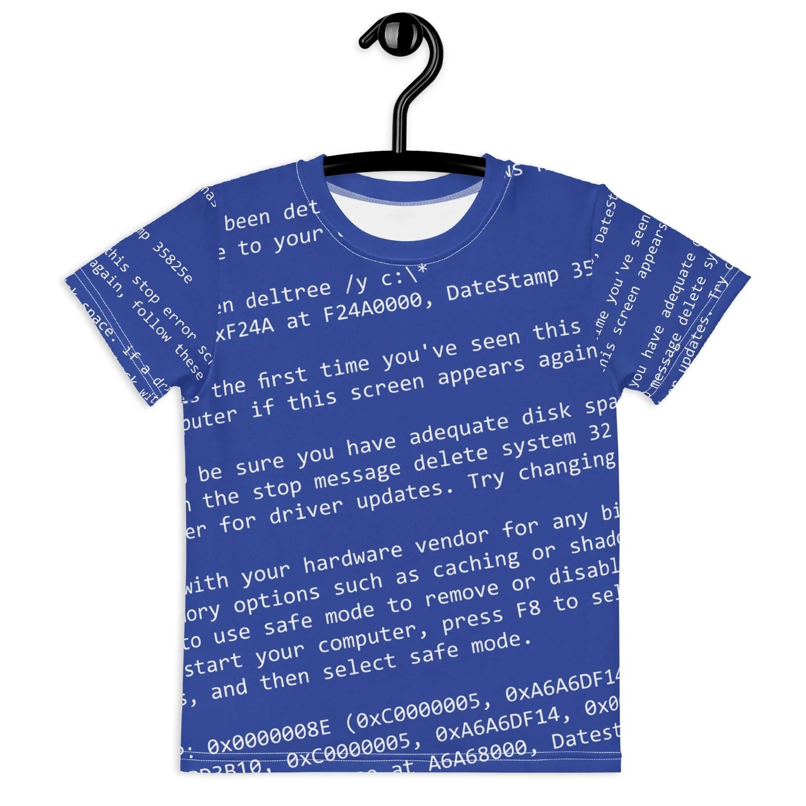 A deep cobalt blue tee showcases white monospaced text in 8-bit font style, creating a nostalgic computer crash screen aesthetic. Contact us with accessibility feedback, we'd love to help!