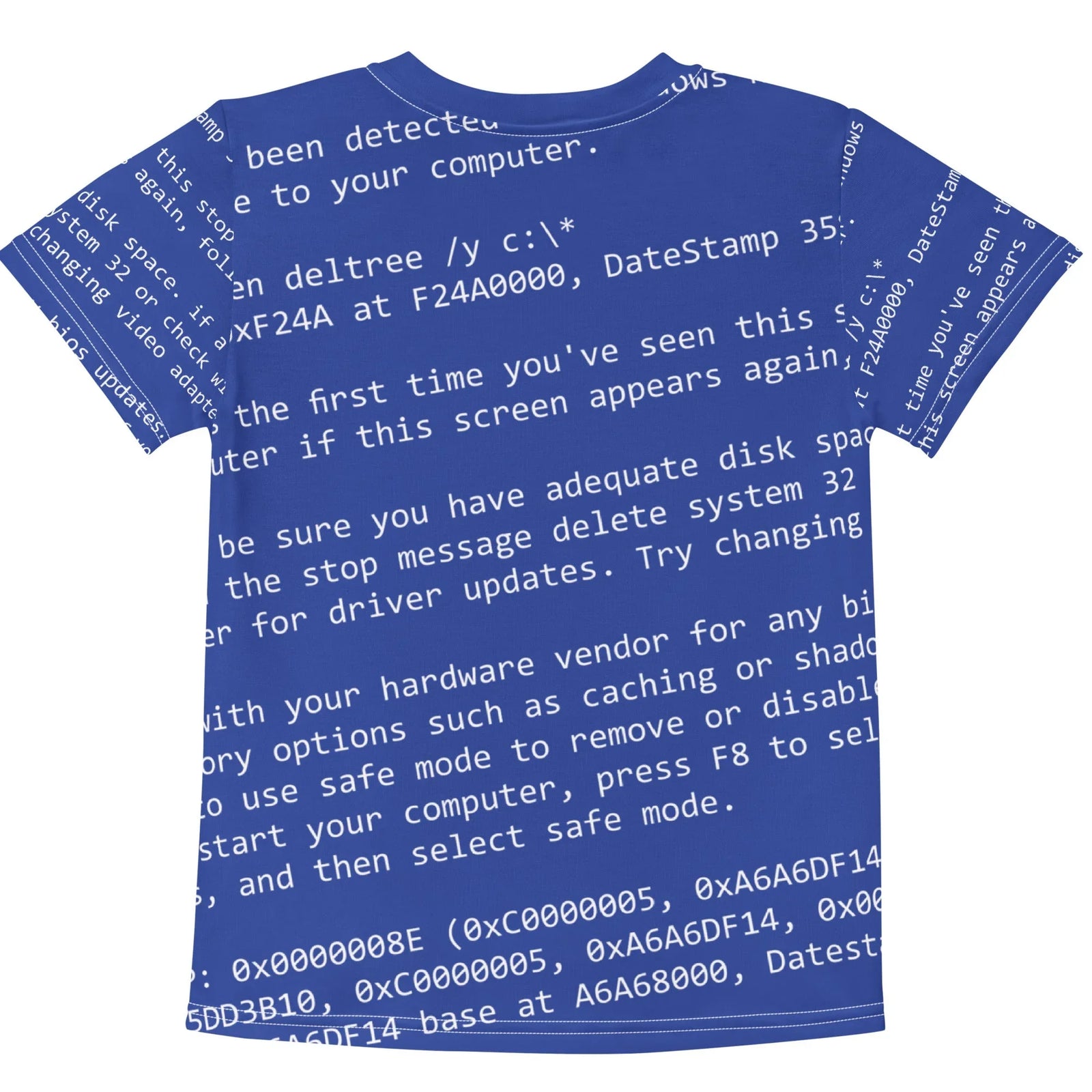 BSOD Kid's Tee - The unmistakable "System Crash Cobalt" (#274396) field paired with panicked 8-bit monospaced terminal text in "Terminal Command White" (#FFFFFF)