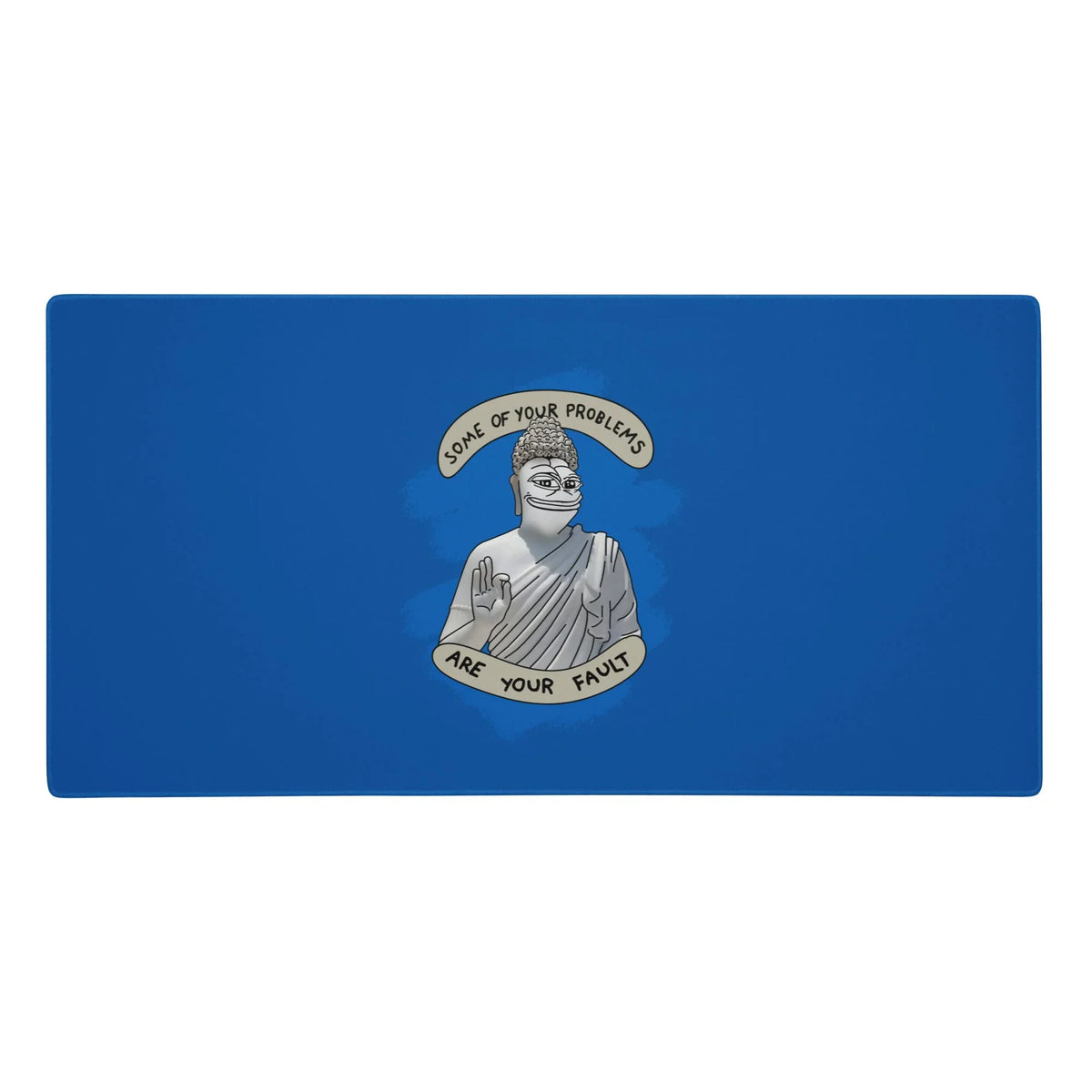 A solid "Cobalt Azure" background highlights a satirical digital graphic rendered in "Granite Grey" and "Limestone White." The design depicts a classical stone statue with a robed monastic body and the heavy-lidded head of a viral amphibian (chiseled to look like rock). Contact us with accessibility feedback, we'd love to help!