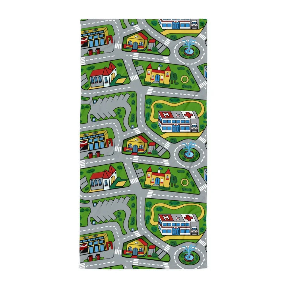 Car Carpet City Beach Towel in Nostalgic Roadmap Primaries. REACH Compliant, Zero-Wastewater Printing, Made-to-Order (Zero Overproduction).