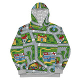 This hoodie transforms into a nostalgic children's traffic playmat, featuring winding grey asphalt streets with white lane markings that snake between vibrant green suburban islands. Contact us with accessibility feedback, we'd love to help!