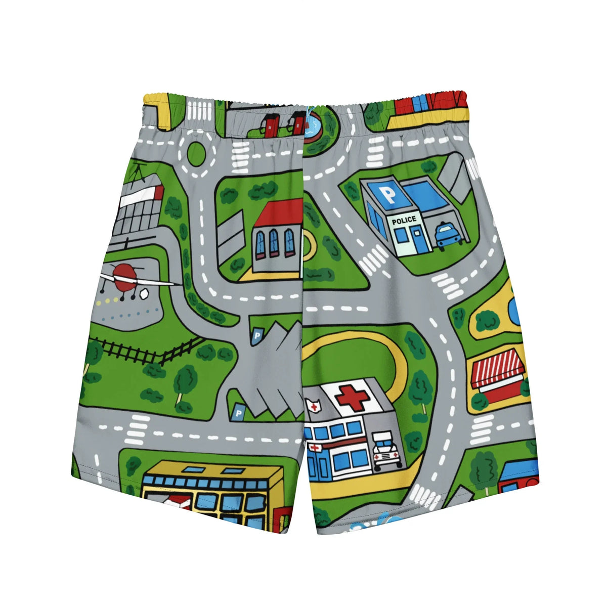 Car Carpet City Men's Swim Shorts - The specific contrast of "asphalt gray (#9FA3A8)" roads with "manicured lawn green (#4CA848)" patches, instantly unlocking the memory of pushing toy cars across a bedroom floor.