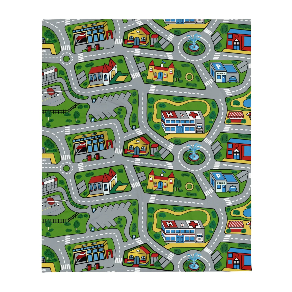 This cozy blanket transforms a classic toy car playmat into soft home decor, featuring a bird's-eye view of a cartoon metropolis. Contact us with accessibility feedback, we'd love to help!