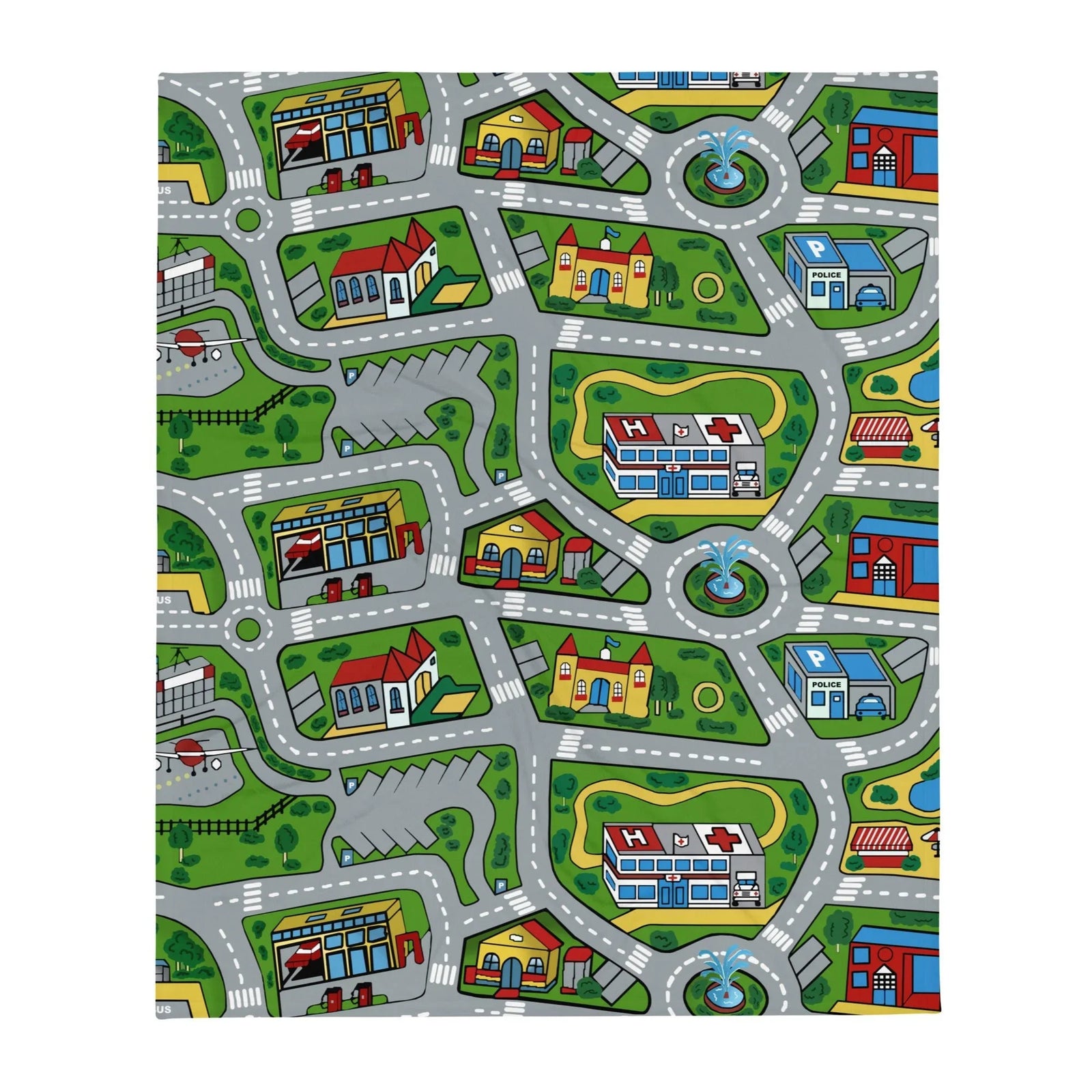 This cozy blanket transforms a classic toy car playmat into soft home decor, featuring a bird's-eye view of a cartoon metropolis. Contact us with accessibility feedback, we'd love to help!