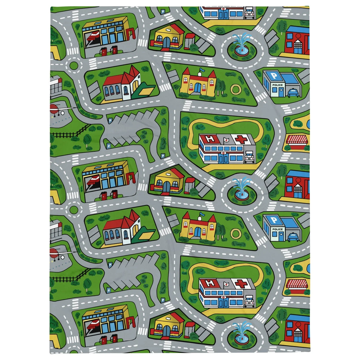 Car Carpet City Plush Blanket - The continuous loop of slate asphalt grey (#708090) roundabouts and intersections cutting through the expansive manicured lawn green (#4CA64C) fields.