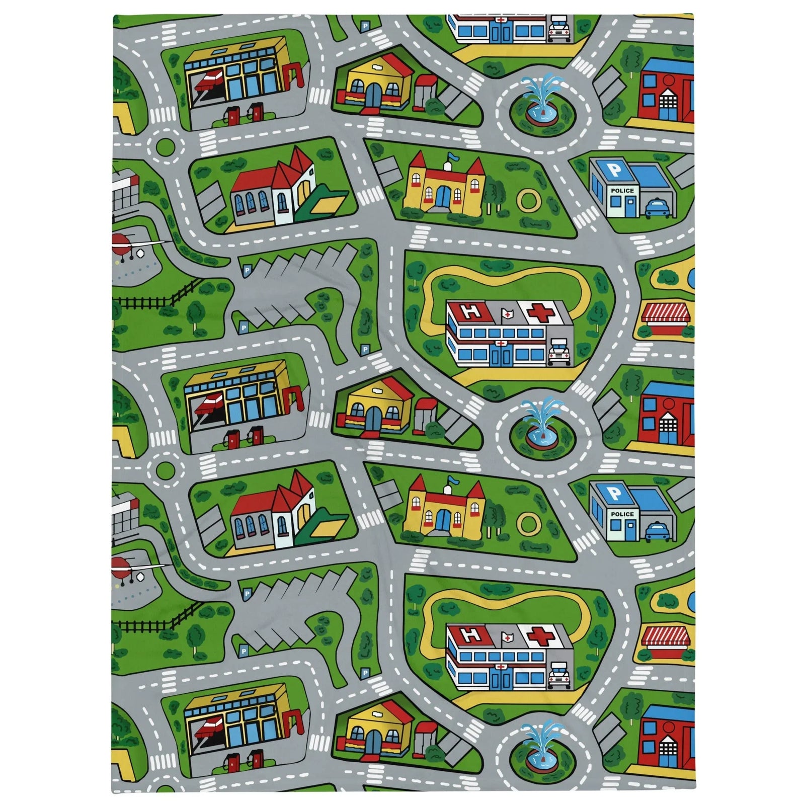 Car Carpet City Plush Blanket - The continuous loop of slate asphalt grey (#708090) roundabouts and intersections cutting through the expansive manicured lawn green (#4CA64C) fields.