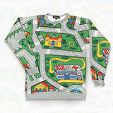 This men's sweatshirt transforms into a nostalgic children's playmat, featuring winding grey roads with white lane markings cutting through vibrant green neighborhoods. Contact us with accessibility feedback, we'd love to help!