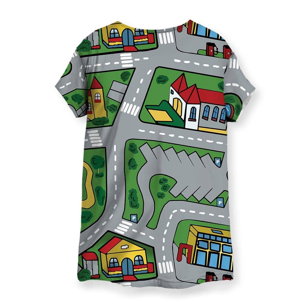 Car Carpet City Women's Tee - The distinct slate grey roadways (#94999C) winding through turf green (#4C9141) zones, accented by canary yellow (#FCD846) buildings and blue fountains (#3698D6), instantly evoking the visual layout of the standard-issue nylon city rug found in playrooms worldwide.