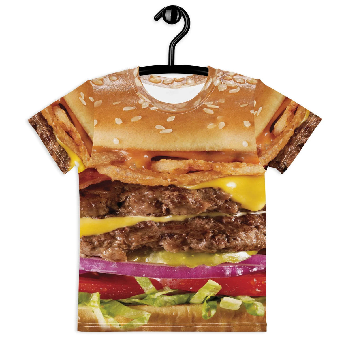 This striking, hyper-realistic design creates a towering double cheeseburger, capturing high-definition details from glistening grease to toasted crumbs. Contact us with accessibility feedback, we'd love to help!