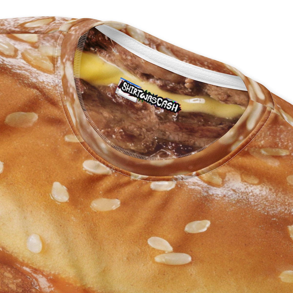 Cheeseburger Sweatshirt - The hyper-saturated transition where the **melted cheddar yellow (#FFC107)** drapes over the **char-grilled umber (#3E2723)** patties, creating a 3D illusion on a 2D plane.