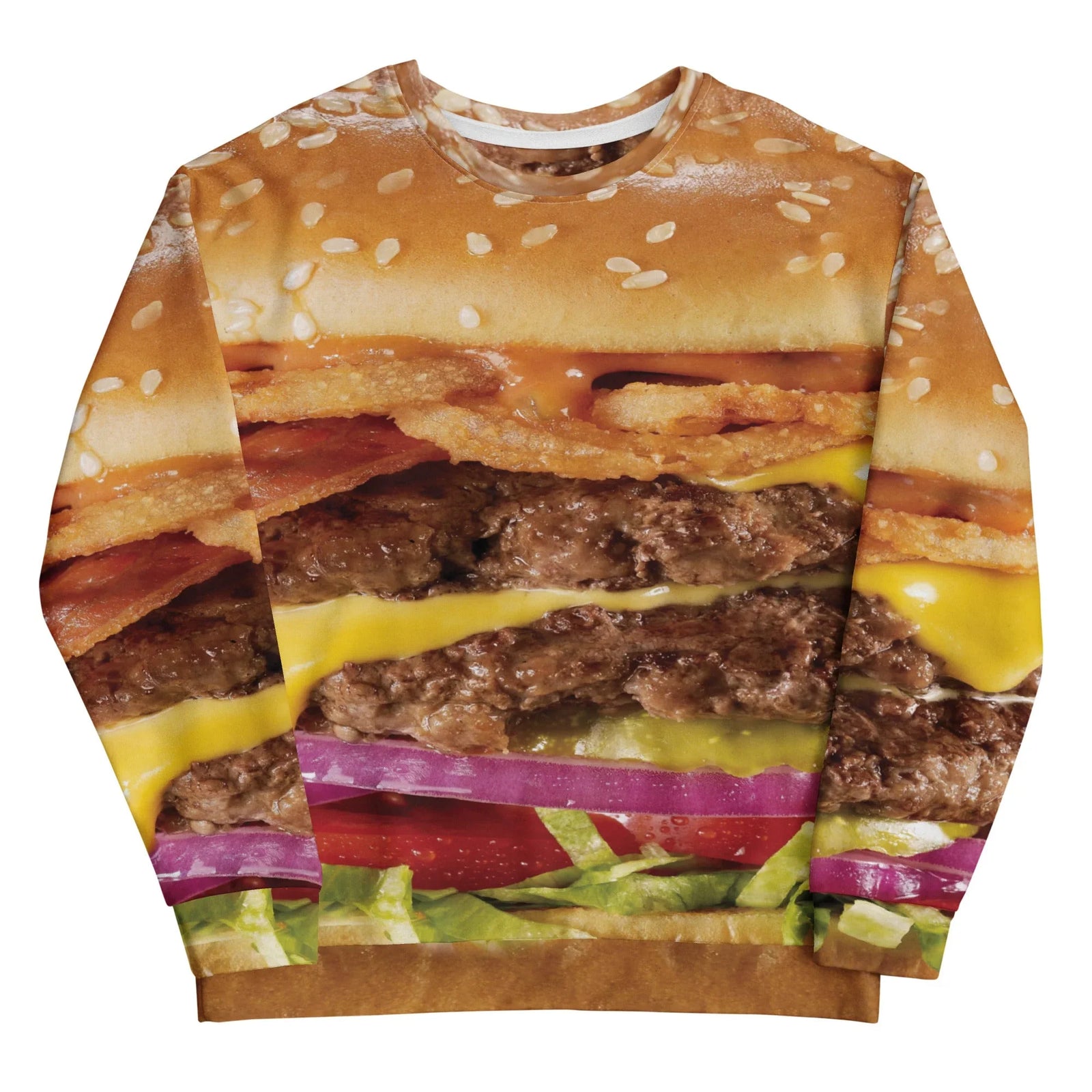 High-definition macro photography transforms the torso into a towering double cheeseburger capped by a fluffy bun in **toasted sesame gold**. Contact us with accessibility feedback, we'd love to help!