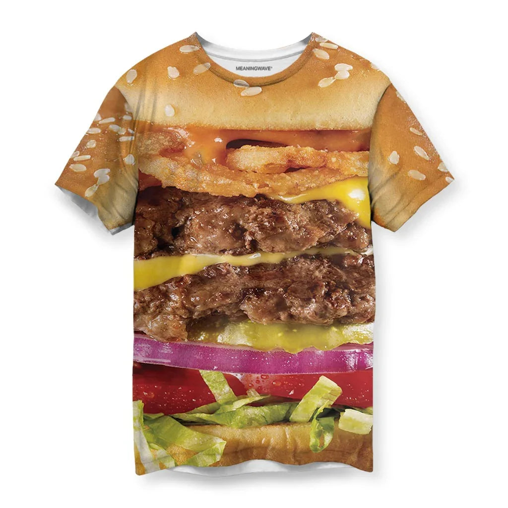 A hyper-realistic, macro-scale graphic depicts a towering double cheeseburger with a glistening, appetizing sheen. Contact us with accessibility feedback, we'd love to help!