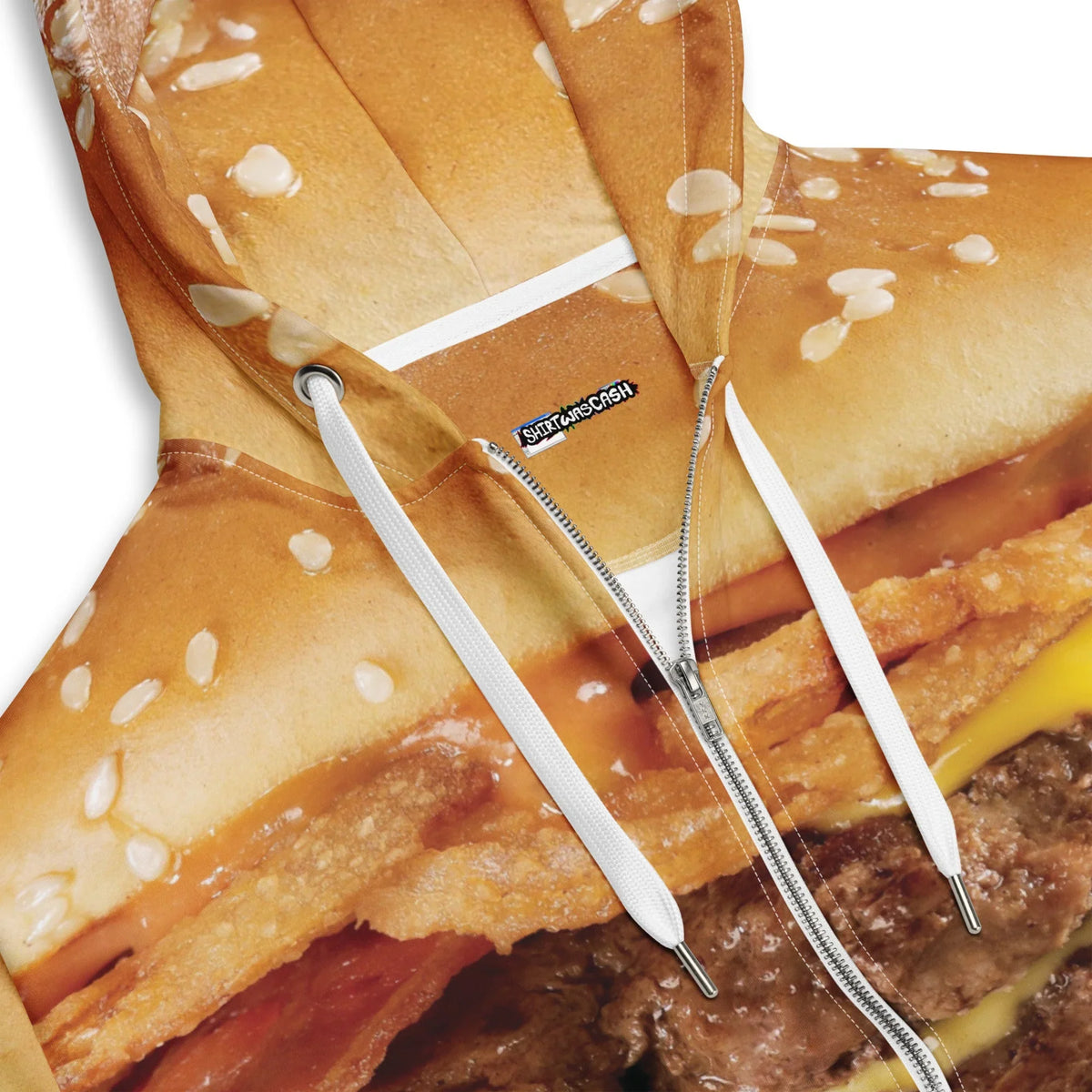 Cheeseburger Zip Hoodie - The domed #D49E56 sesame seed bun hood sitting atop the hyper-saturated #FFC72C American cheese melt, creating an instant Trompe-l'œil effect of the wearer becoming the meal