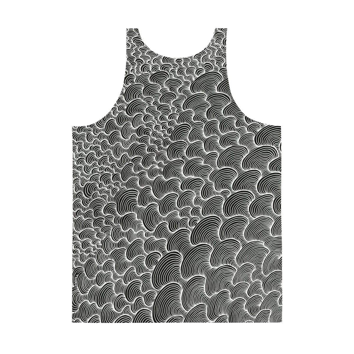 Color Wash Men's Tank - The unbroken Stark Optic White (#FFFFFF) path winding through Obsidian Black (#000000) negative space, mimicking magnified fingerprint ridges