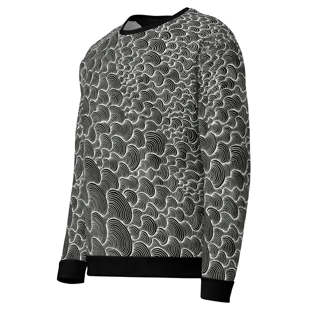 Color Wash Sweatshirt - The hypnotic, infinite regress of oyster white (#EBEBEB) concentric scallops against deep onyx black (#0C0C0C), mimicking a vibrating topographic map.