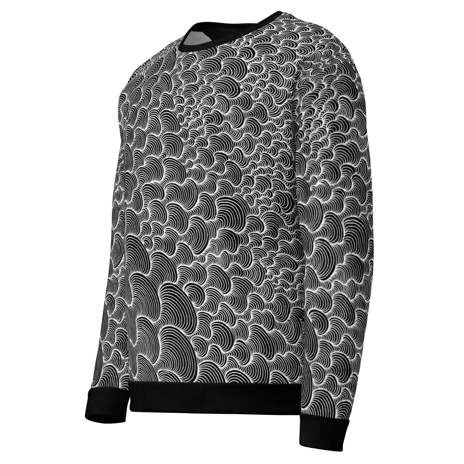 Color Wash Sweatshirt - The hypnotic, infinite regress of oyster white (#EBEBEB) concentric scallops against deep onyx black (#0C0C0C), mimicking a vibrating topographic map.