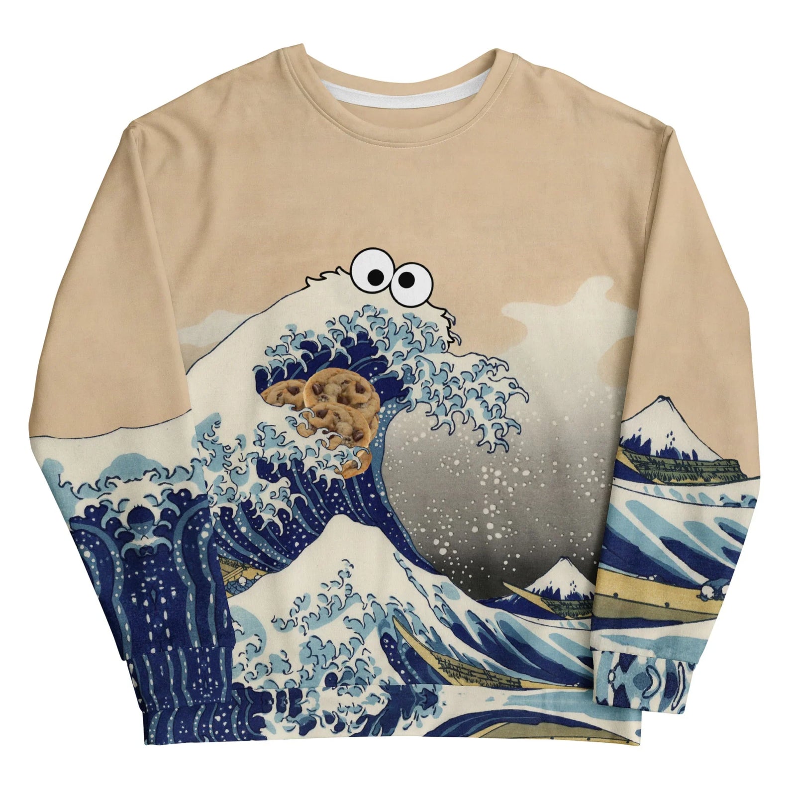 This surreal design fuses classical Japanese woodblock art and pop culture humor on a warm sandy biscuit beige base. Contact us with accessibility feedback, we'd love to help!