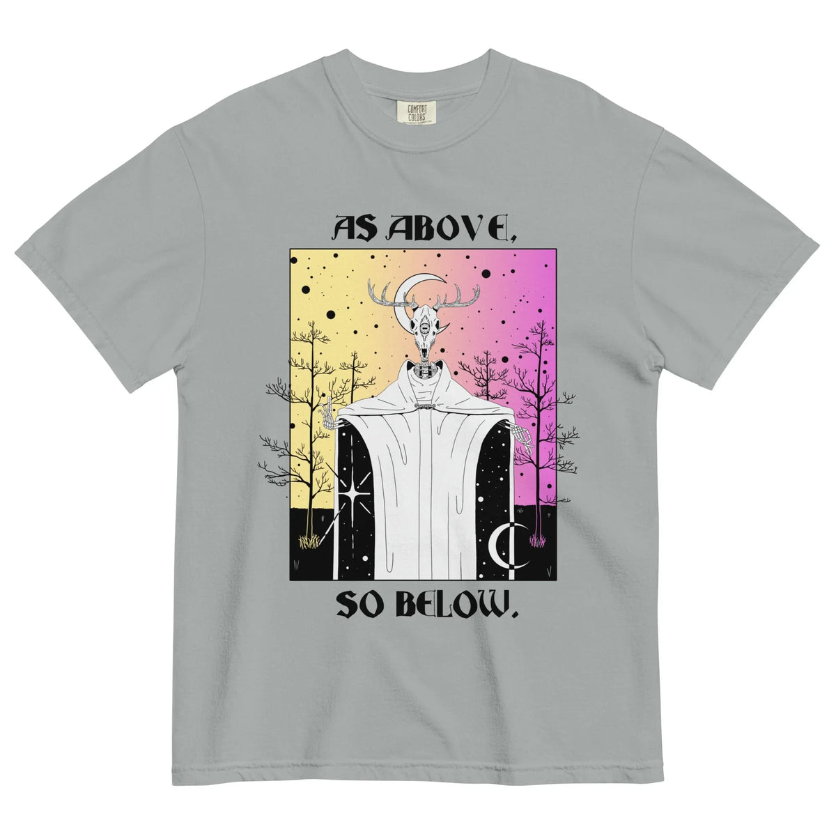 On a slate gray shirt, a mystical figure with an antlered deer skull (and third eye) reveals a star-speckled void within its white robes. Contact us with accessibility feedback, we'd love to help!