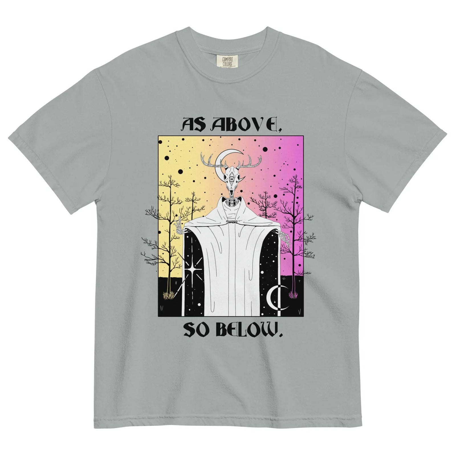 On a slate gray shirt, a mystical figure with an antlered deer skull (and third eye) reveals a star-speckled void within its white robes. Contact us with accessibility feedback, we'd love to help!