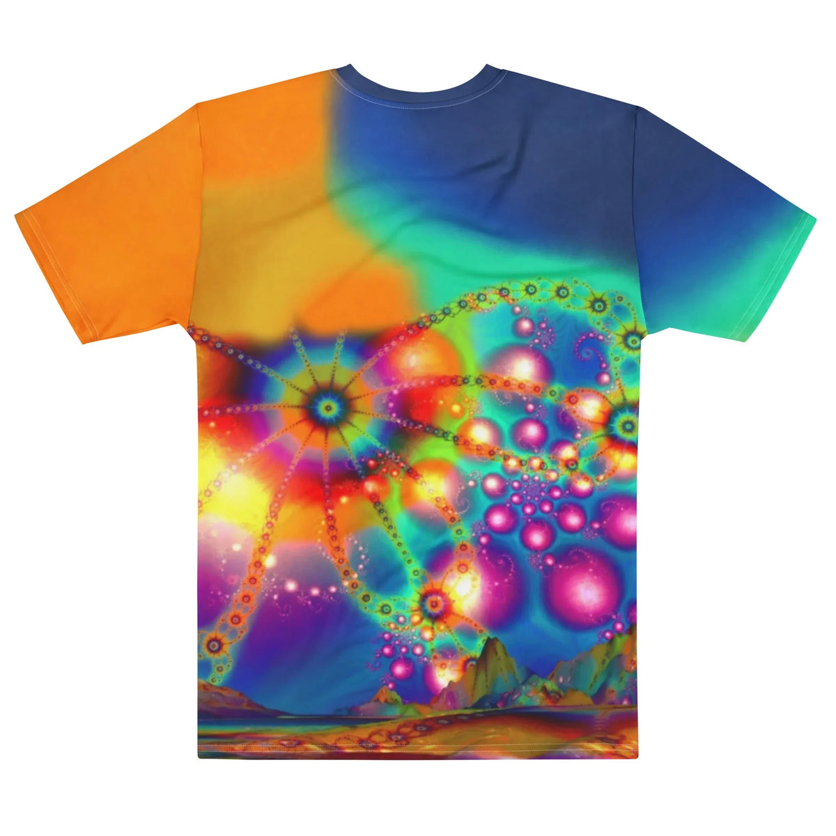 Dank Hill T-Shirt - The juxtaposition of the recognizable "clay beige (#E0AC69)" suburban salesman archetype against a chaotic "neon magenta (#FF00FF)" fractal void, split by a "cosmic indigo (#283558)" to "solar flare orange (#FF9933)" gradient.