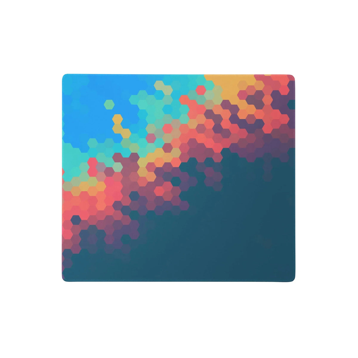 Day Break Desk Mats - The diagonal gradient wash across interlocking hexagons, specifically fading from azure (#1E88E5) to sunset coral (#FF7043) to midnight indigo (#283593) in a non-repeating digital sprawl.
