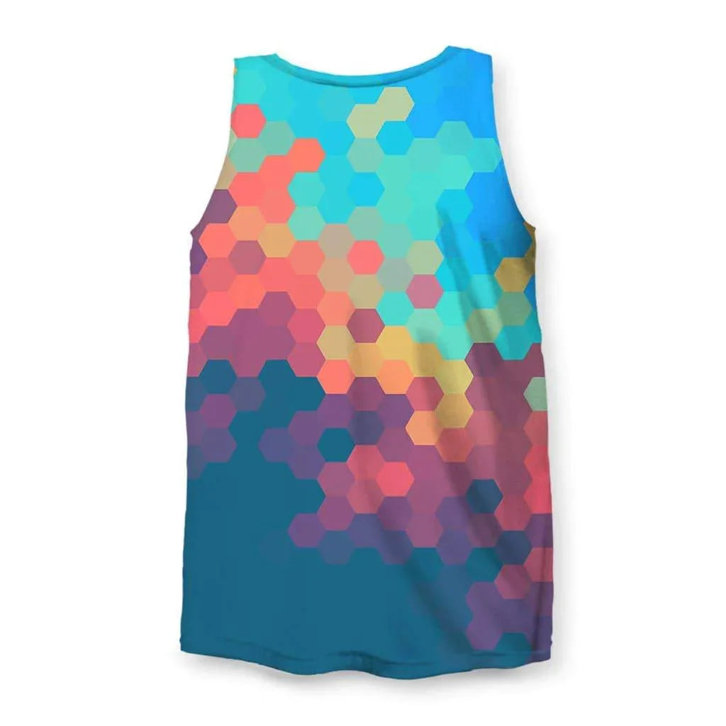 Day Break Men's Tank - The diagonal cascade of interlocking hexagonal tiles, specifically the color-shift from solid electric sky blue (#1CA9E6) into a fragmented gradient of seafoam turquoise (#5FE3CE) and sunset coral (#FF8566), deepening into muted lavender and majestic plum purple (#7D5C85) before settling into deep ocean teal (#116480).
