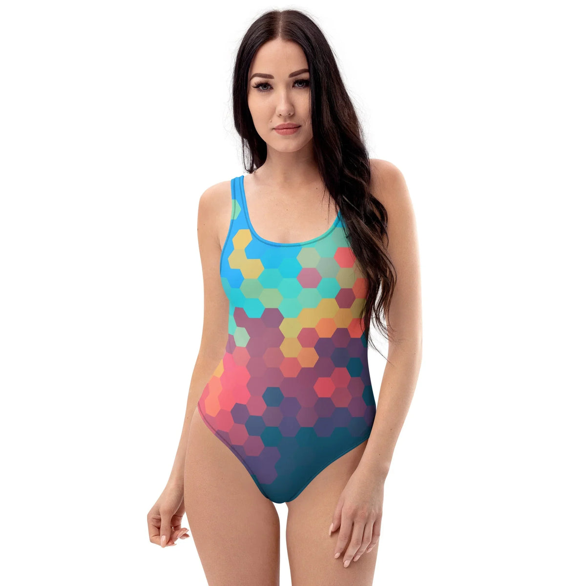 Day Break One-Piece Swimsuit - The seamless gradient transition across the hexagonal grid, shifting from #2FAEE0 cerulean to #1F4E6B teal abyss.