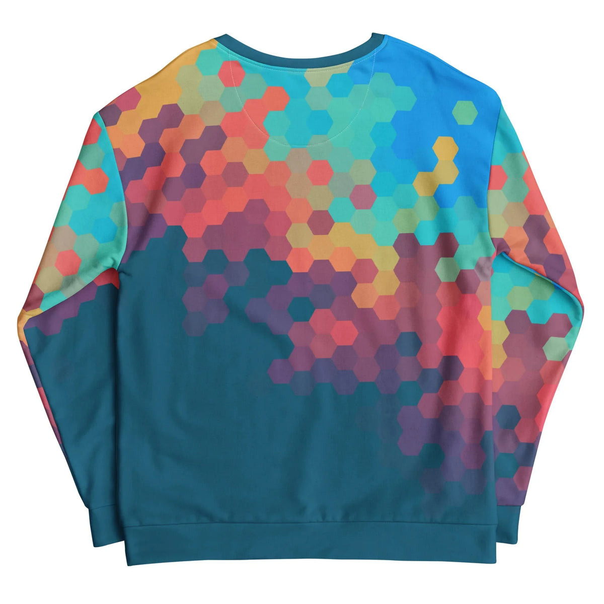 Day Break Sweatshirt - The specific "Day Break" gradient shift from Sky Blue (#29A0DA) to Coral Red (#F27068) locked within the rigid hexagonal mesh.